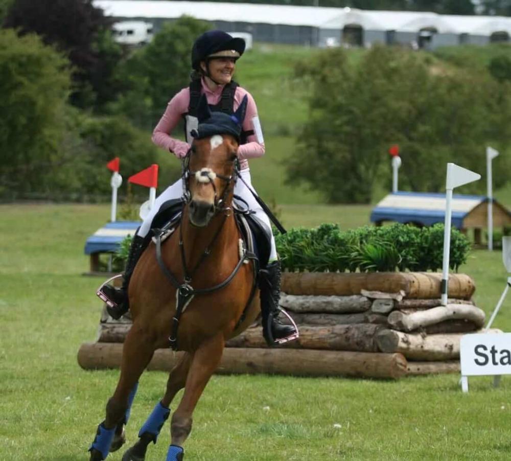 Cavaletti Collection: A rider in pink gear guides a horse with blue leg wraps through a cross‑country eventing course marked with log jumps and flags.