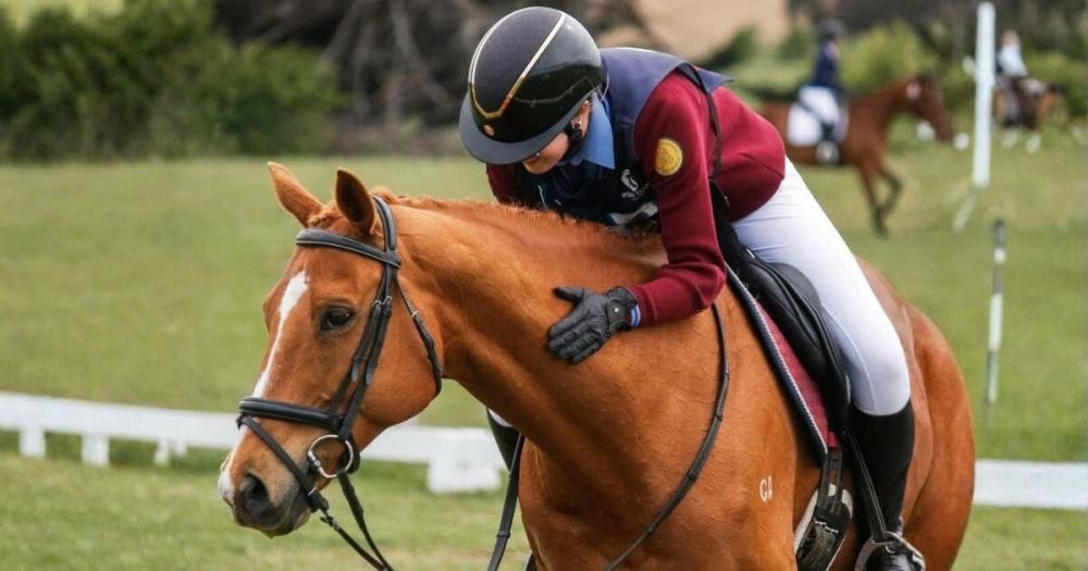 Rider in competition attire leaning forward to hug a chestnut horse during a dressage or show event showing a calm and positive connection between horse and rider. Image credit to olivia__equestrian